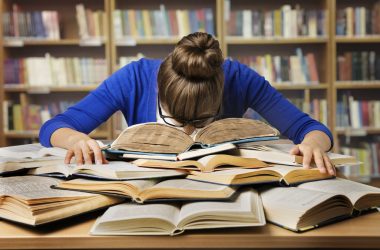 Girl studies for post-graduate degree with head in her books